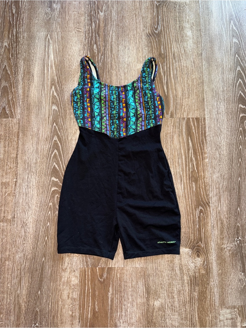 Vintage Y2K Black Romper with Colorful Tribal Print Bust